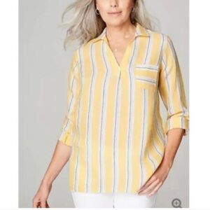 J.JILL 'LOVE LINEN' Daisy Multi TAB-SLEEVE PULL-OVER SHIRT Sz M